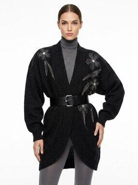 Vintage 80s Black Mohair Sweater Coat Cardigan w Floral Appliqués sm/m